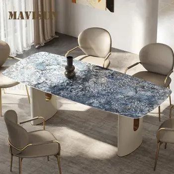 Taliansky Obdĺžnik Jedálenský Stôl S Modrým Textúru Skaly Panel Stola Stabilný Stôl Rám Kolo Rohu Luxusné Jedálne Súpravy