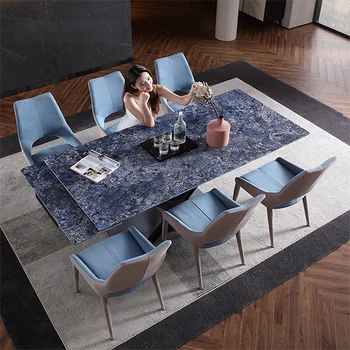 Modrá Skladací Jedálenský Stôl Luxusný Kamenný High-end Jasný Povrch Elastická Kuchynský Stôl Zdvíhateľnej Reštaurácia Mesa Nábytok