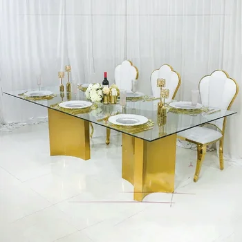 Zlaté obdĺžnikové zrkadlo banquet nerezový stôl so sklom hore svadobné jedálenské stoly