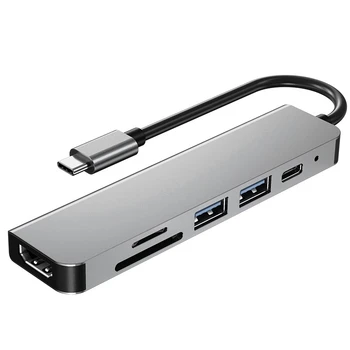 6 v 1 USB Typu C Hub Adaptér s 4K 30Hz Kompatibilný s HDMI Viacportová Čítačka Kariet USB3.0 TF PD Video Multi Adaptér Porty
