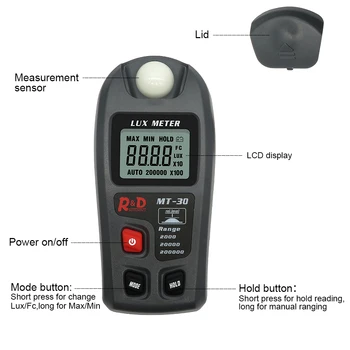 R&D MT30 Sivá illuminometer lux/fc fotometer tester Enviromental Testovanie Lux meter 0~200,000 lux Rozsah svetlo meter vrecku dizajn