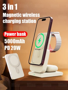 MacSafe 3 v 1 Magnetické Power Bank Bezdrôtové Nabíjanie Stanice 5000mAh Vonkajšieho Pomocného Akumulátora Pre iPhone 14 13 12 Apple Hodinky