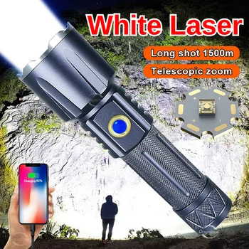 Super Výkonný Biela Laserová LED Baterka Dobíjacie USB Pochodeň Svetla Taktická Baterka Dlhý Záber Vysoký Výkon Camping Baterky