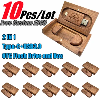10Pcs/Veľa Voľného Vlastné Laserové Gravírovanie LOGA Orech OTG Flash Drive 2 V 1 Typ-C+ USB3.0 16 GB 32 GB, 64 GB 128 GB a Orech Box