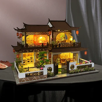 Diy Drevené Doll House Model Súpravy Miniatúrne S Nábytkom Svetlá Čínsky Štýl Veľké Vily Casa Villa Domček Pre Bábiky Hračky Pre Dospelých Darček