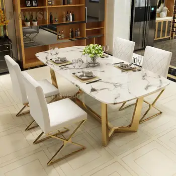 Svetlo Luxusné Moderné Nerezové Mramorový Stôl A Stoličky Kombinácia Súbor Pre Jedáleň Jednoduchý Obdĺžnikový Severnej Európy