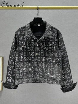 Módne Denim Jacket Ženy 2023 Jar Jeseň Voľné Písmeno Drahokamu Long-Sleeve, Čierna Jean Bunda Žena Jaquetas Coats
