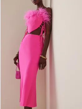 Vysoká Kvalita Hot Pink Obväz Šaty Špagety Popruh Sweatheart Top Cut Out, Midi Celebrity Večer Party Šaty pre Dievčatá Čierna