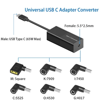65W USB Typu C Converter Univerzálny Notebook, Telefón, Konektor pre Adaptér 7.9*5.5 7.4*5.0 5.5*2.5 mm na USB Typu C Kábel Adaptéra