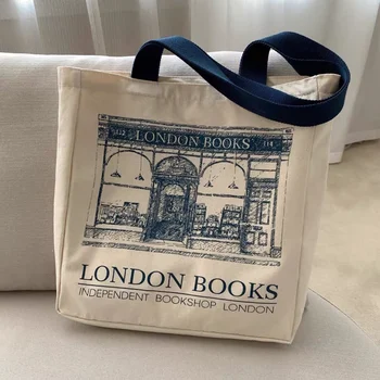 Ženy Plátno Ramenní Taška London Knihy Tlačiť Dámy Bežné Kabelka Tote Bag Opakovane Veľkú Kapacitu Bavlna Nakupovanie Plážová Taška
