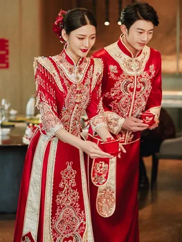 Nevesta Výšivky Cheongsam Vintage Čínsky Štýl, Svadobné Šaty Retro Toast Oblečenie Lady Phoenix Šaty Manželstva Tang Vyhovovali Oblečenie