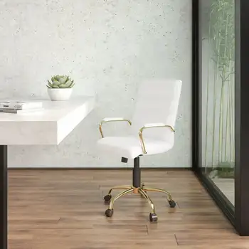Mid-Späť Biela LeatherSoft Výkonný Otočná kancelárska Stolička so zlatým Rámom a Ramien Vonkajšie jedálenské stoličky Akryl nordic stoličky Cha