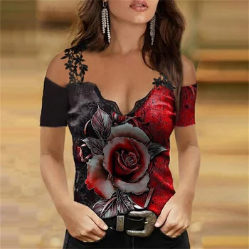 2022 Sexy Ženy V Krku Mimo Ramenný Košele, Topy Rose Tlač Čipky Podväzky Krátky Rukáv T-Shirt Dámy Príležitostné Voľné Oblečenie