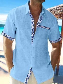 2023 letné módne pánske Havajské bielizeň tričko pánske bežné modrá vytlačené pláži vrecku krátky rukáv plus veľkosť bunda 5 farby.