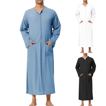 Vintage Voľné Moslimských Kaftane Takí Muži Dlhý Rukáv Fashion Jubba Thobe Muž Voľný Čas Pevný Farebný Vzor Islamské Oblečenie
