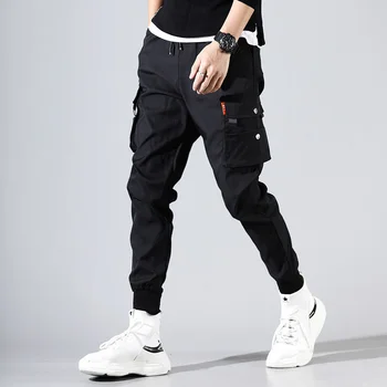 Cargo Nohavice Mužov Solid Farba Čierna Voľné Bežné Jogger Vrecku Elastický pás na Členok Dĺžka Nohavice Techwear