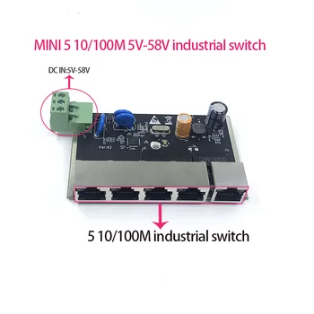 Neriadené MINI 5port 10/100M 5V-58V Priemyselné modul PCBA rada ethernetový prepínač na ochranu pred Bleskom 4KV, anti-statické 4KV