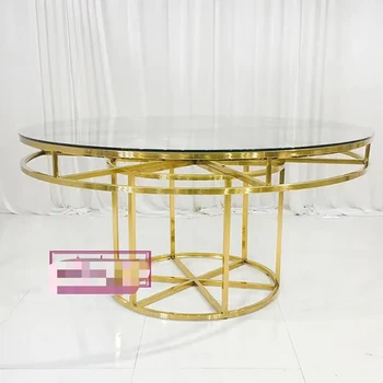 Hot predaj zlatých nerezový rám svadobný stôl okrúhly jedálenský stôl mdf top banket stôl