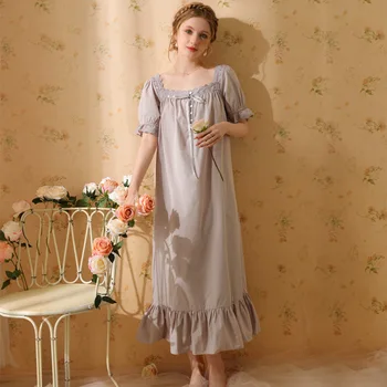 Bavlna Vintage Viktoriánskej Nightgown Dámske Krátky Rukáv, Voľné Noci Šaty Sleepwear Dlho Plavky Čipkou Trim Princezná Odev
