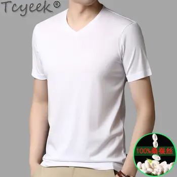Tcyeek 100% Moruša Hodváb T-shirt Mužov 2023 Lete tvaru Tenké Top Solid Bežné T-shirts Muž Oblečenie Ice Reálne Hodvábne Košieľky Homme